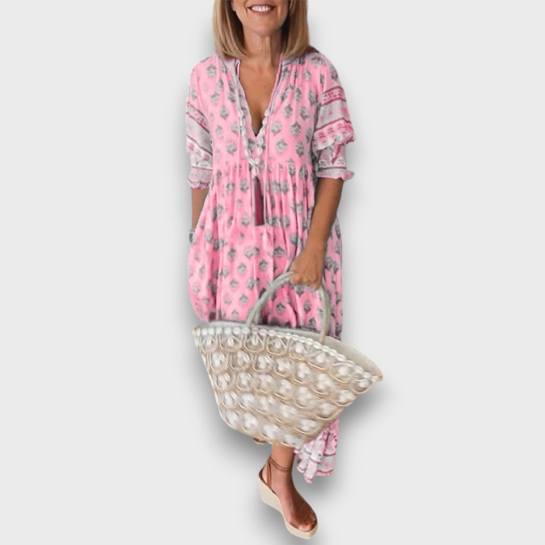 Boho Kleid mit 3/4 Ärmeln und V-Ausschnitt mit Bändern